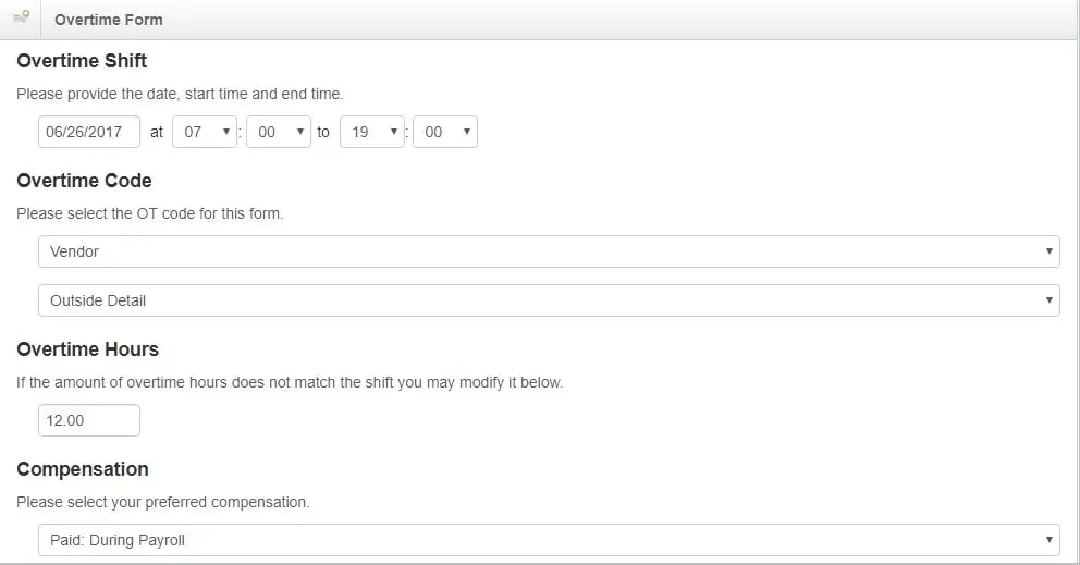 Online overtime form in police scheduling software