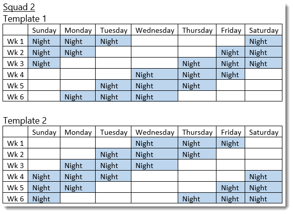 Squad 2 - 3 on 3 off - 12 hour shifts