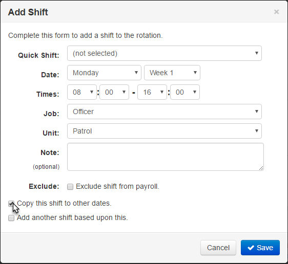 Shift detail options when adding a shift