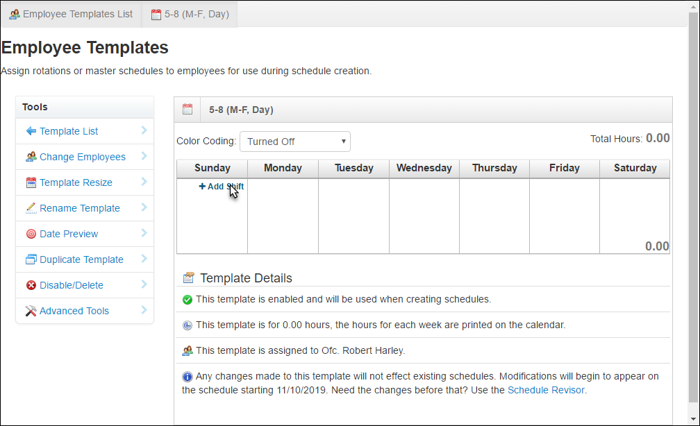 Adding a shift to a schedule template