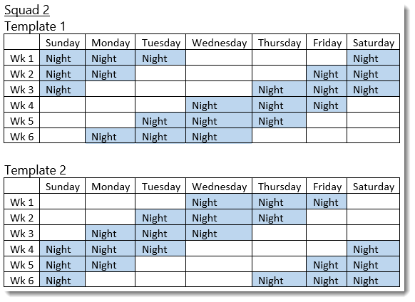 Squad 2 - 3 on 3 off - 12 hour shifts