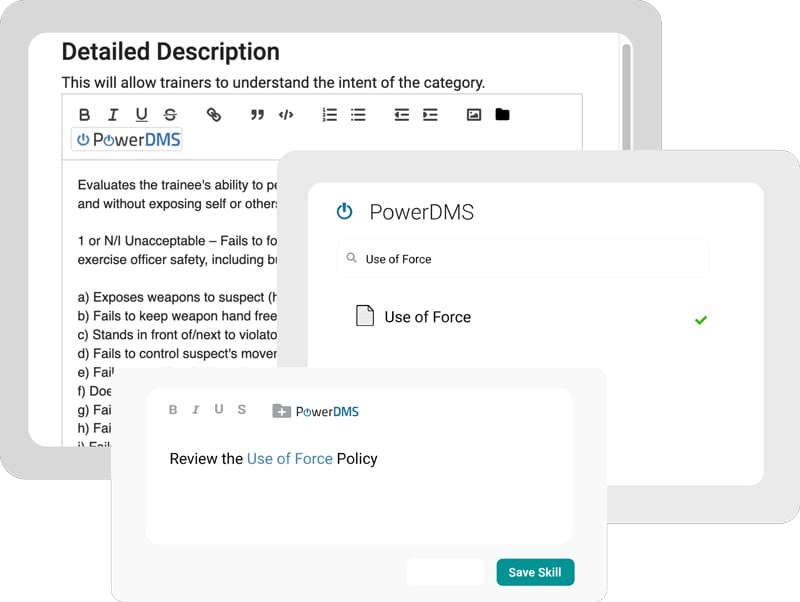 Software screenshot showing integration between PowerPolicy policy management software and PowerReady field training software