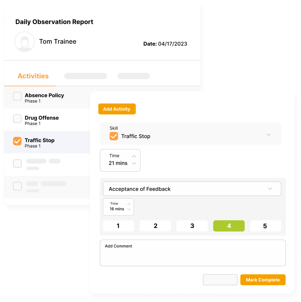 Daily observation report (DOR) example for a traffic stop in PowerReady field training software