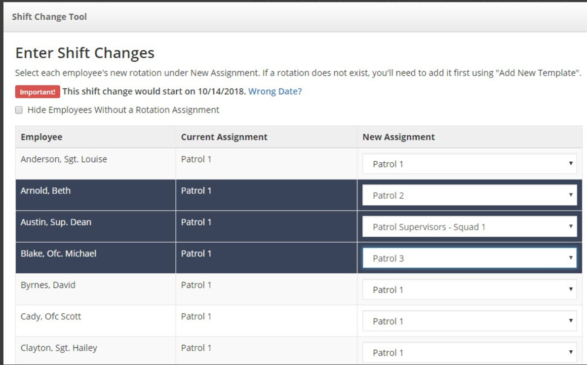 Shift change tool in PowerTime