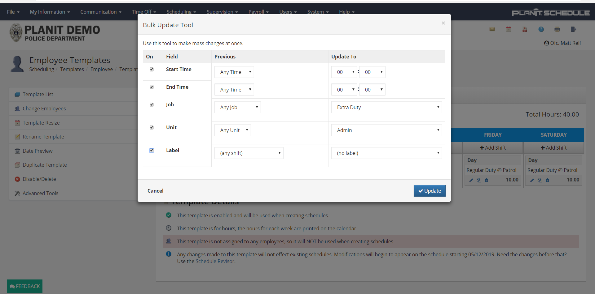 Bulk updates in PowerTime scheduling software