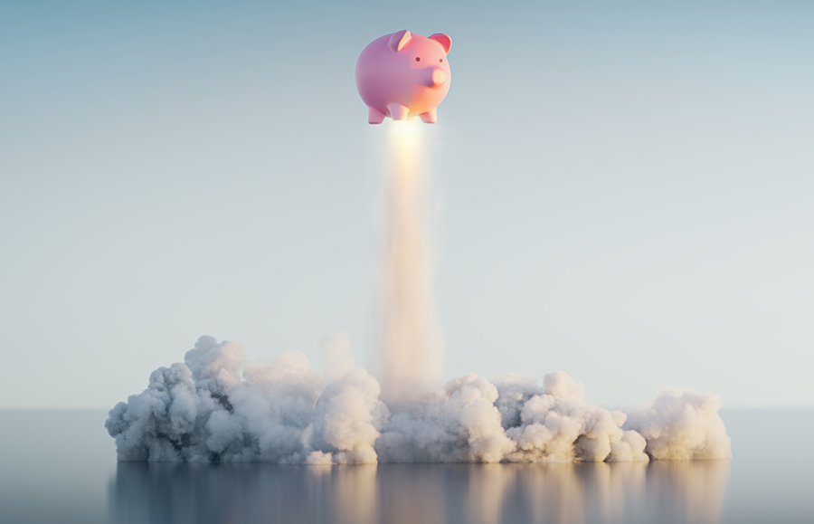 piggy bank launching like space ship